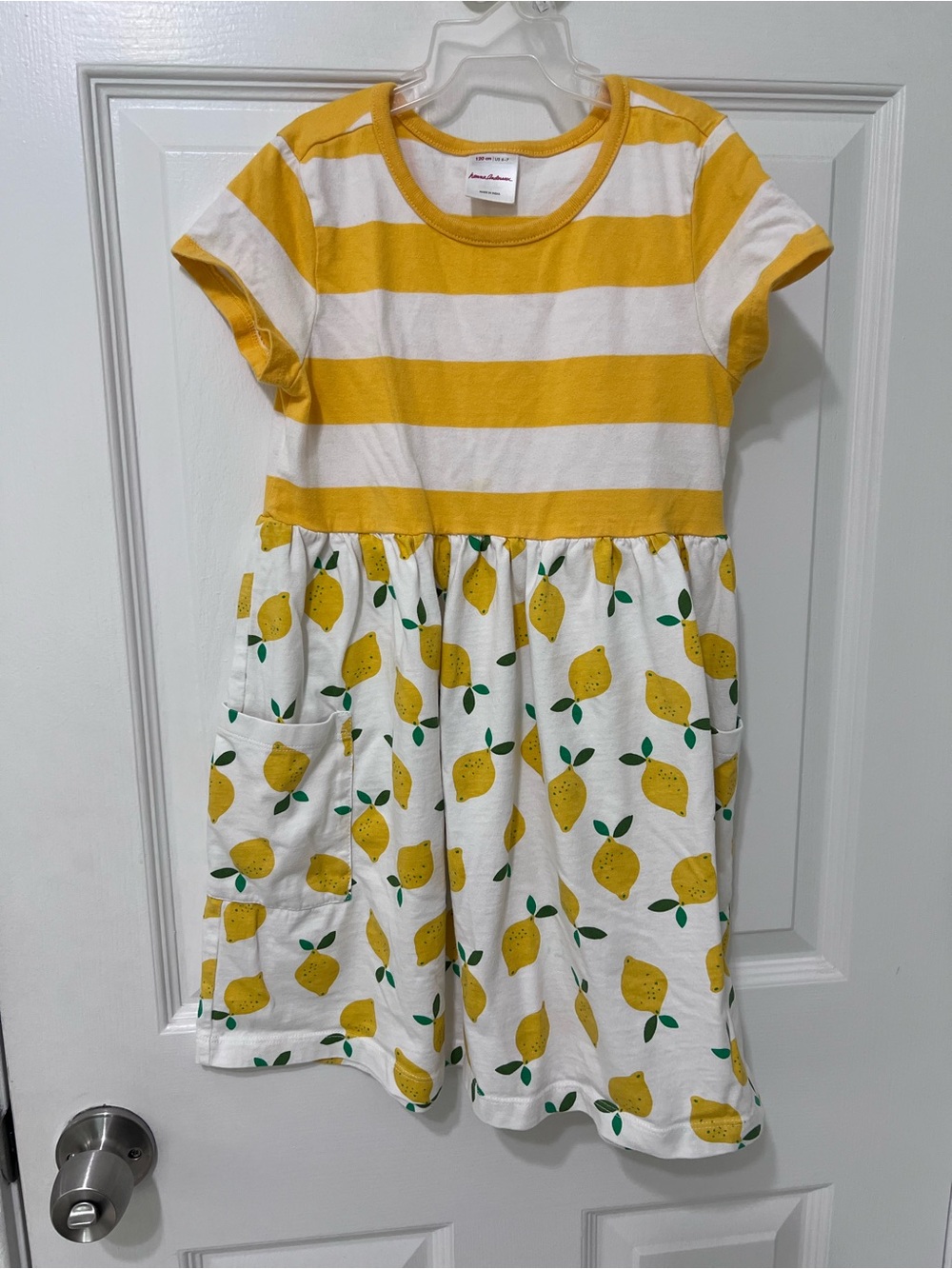 Hanna Andersson Yellow White Striped Lemon Print Cotton Dress